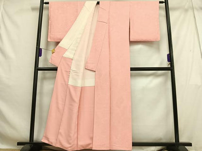 平和屋着物■上質な色無地　幾何学地紋　珊瑚色　正絹　逸品　AABH7481oa