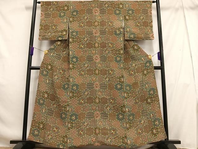 平和屋着物■上質な小紋 更紗花吉祥亀甲文 鬼しぼ縮緬 正絹 逸品 AABH7536oa