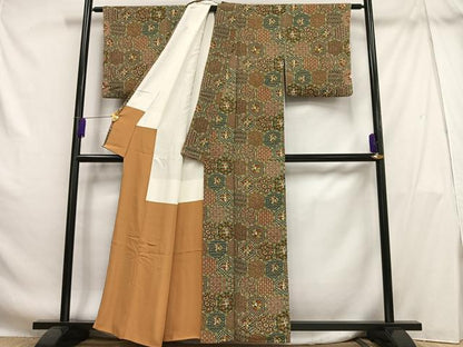 平和屋着物■上質な小紋 更紗花吉祥亀甲文 鬼しぼ縮緬 正絹 逸品 AABH7536oa