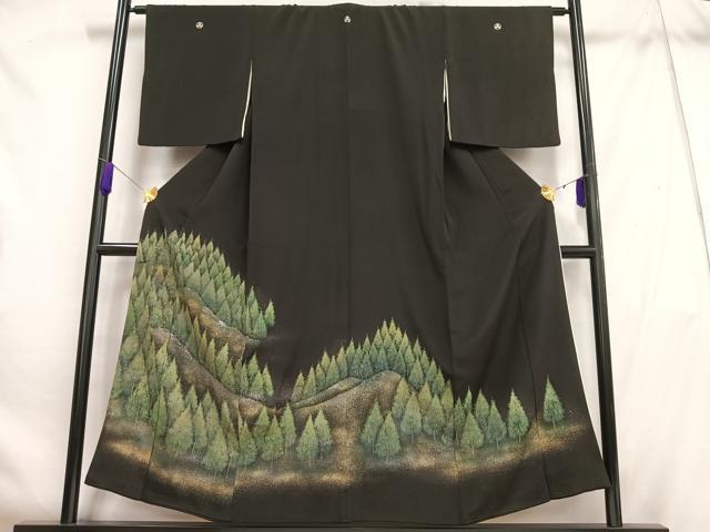平和屋着物■豪華黒留袖　手描き　樹林文　金銀彩　正絹　逸品　AABH7554oa