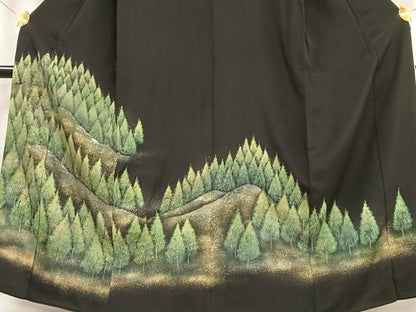 平和屋着物■豪華黒留袖　手描き　樹林文　金銀彩　正絹　逸品　AABH7554oa