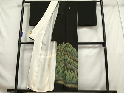 平和屋着物■豪華黒留袖　手描き　樹林文　金銀彩　正絹　逸品　AABH7554oa