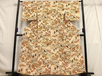 平和屋着物■上質な小紋 人物風景花文 金彩 鬼しぼ縮緬 正絹 逸品 AABH7559oa
