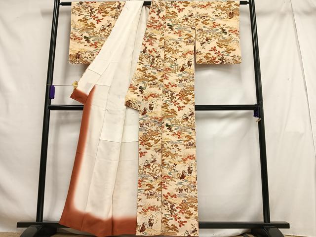 平和屋着物■上質な小紋 人物風景花文 金彩 鬼しぼ縮緬 正絹 逸品 AABH7559oa
