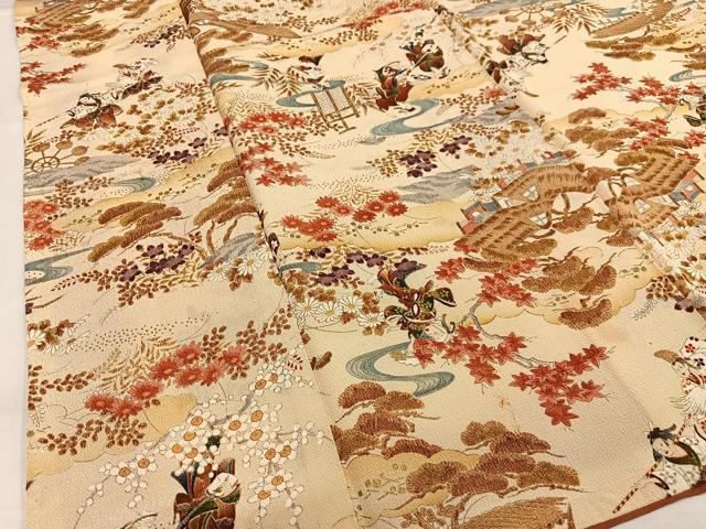 平和屋着物■上質な小紋 人物風景花文 金彩 鬼しぼ縮緬 正絹 逸品 AABH7559oa