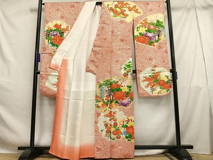 平和屋着物■豪華振袖　駒刺繍　地紙御所車花文　金彩　正絹　逸品　AABH7566oa