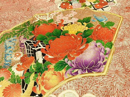 平和屋着物■豪華振袖　駒刺繍　地紙御所車花文　金彩　正絹　逸品　AABH7566oa