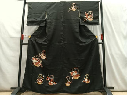 平和屋着物■訪問着 友禅 駒刺繍 花籠文 黒地 金彩 正絹 逸品 AABH7576oa