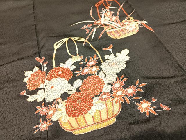 平和屋着物■訪問着 友禅 駒刺繍 花籠文 黒地 金彩 正絹 逸品 AABH7576oa