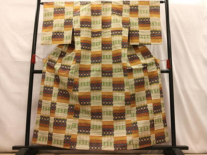 平和屋着物■上質な紬 変わり市松文様 正絹 逸品 AABH7577oa