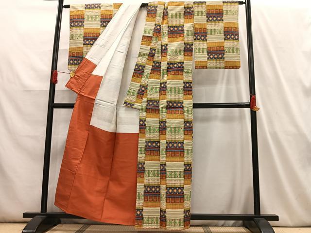 平和屋着物■上質な紬 変わり市松文様 正絹 逸品 AABH7577oa