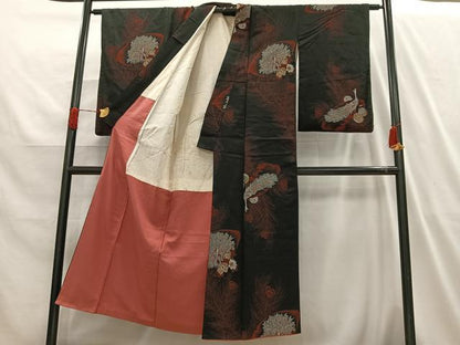 平和屋着物■上質な小紋　寿光織　孔雀花文　黒地　金糸　正絹　逸品　AABH7583oa