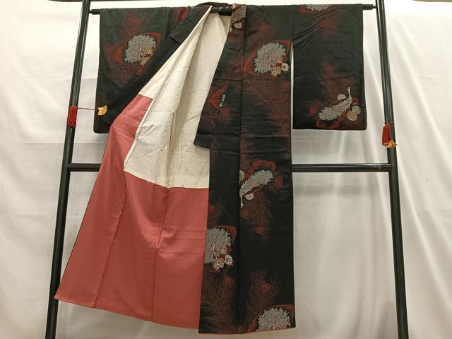 平和屋着物■上質な小紋　寿光織　孔雀花文　黒地　金糸　正絹　逸品　AABH7583oa