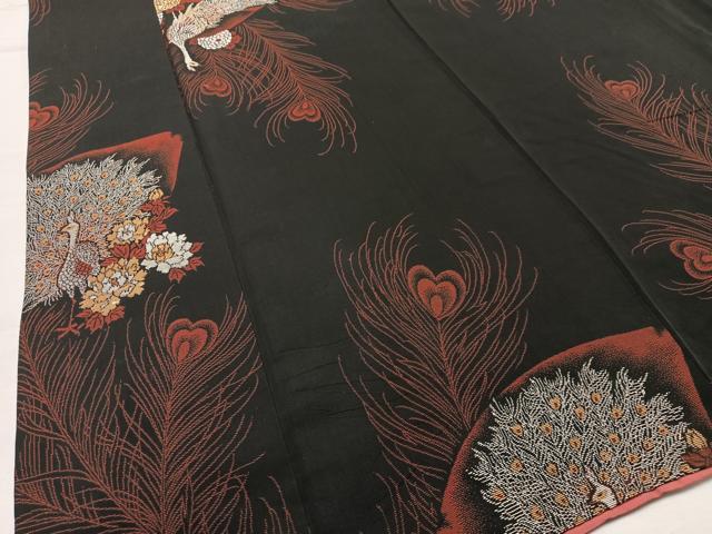 平和屋着物■上質な小紋　寿光織　孔雀花文　黒地　金糸　正絹　逸品　AABH7583oa