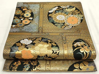 平和屋着物▼六通柄袋帯　草花文　黒地　金銀糸　正絹　逸品　AABH7647wj