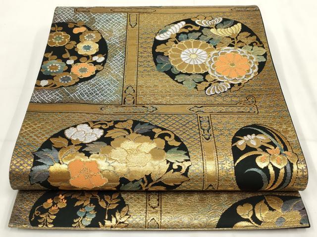 平和屋着物▼六通柄袋帯　草花文　黒地　金銀糸　正絹　逸品　AABH7647wj