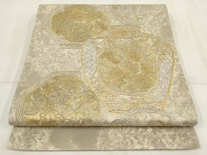 平和屋着物▼総刺繍　袋帯　陶器花文　金銀糸　正絹　逸品　AABH7660wj