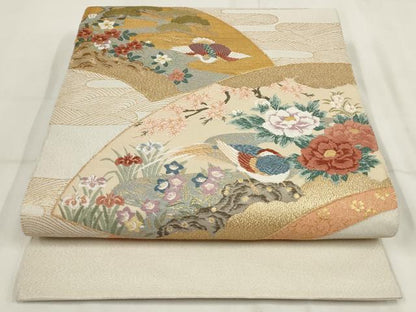 平和屋着物▼綴れ　太鼓柄袋帯　唐織　地紙鴛鴦花文　金糸　正絹　逸品　AABH7664wj