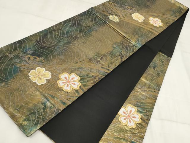 平和屋着物▼六通柄袋帯　流水花文　黒地　金銀糸　引箔　正絹　逸品　AABH7665wj