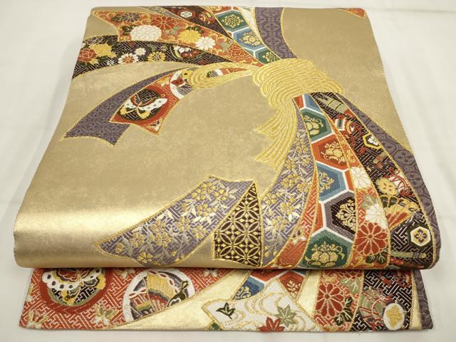 平和屋着物▼六通柄袋帯　熨斗能衣文　金糸　引箔　正絹　逸品　AABH7669wj