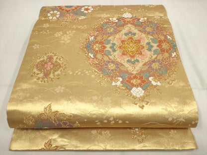 平和屋着物▼六通柄袋帯　唐織　花菱文　金糸　正絹　逸品　AABH7671wj