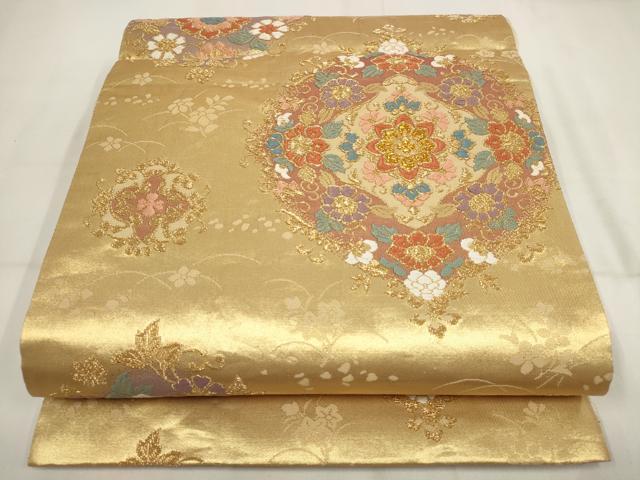 平和屋着物▼六通柄袋帯　唐織　花菱文　金糸　正絹　逸品　AABH7671wj