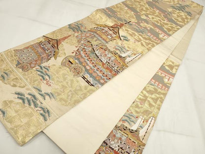 平和屋着物▼六通柄袋帯　九百錦　京洛錦絵巻　金糸　正絹　逸品　AABH7677wj