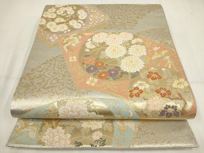 平和屋着物▼六通柄袋帯　扇面取四季花文　金銀糸　正絹　逸品　AABH7712wj
