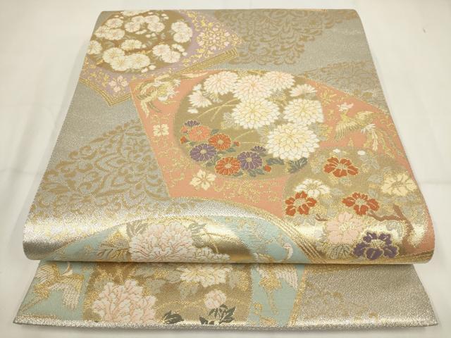 平和屋着物▼六通柄袋帯　扇面取四季花文　金銀糸　正絹　逸品　AABH7712wj