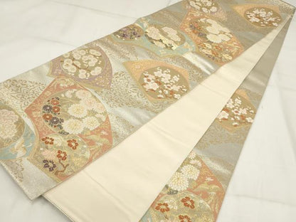 平和屋着物▼六通柄袋帯　扇面取四季花文　金銀糸　正絹　逸品　AABH7712wj