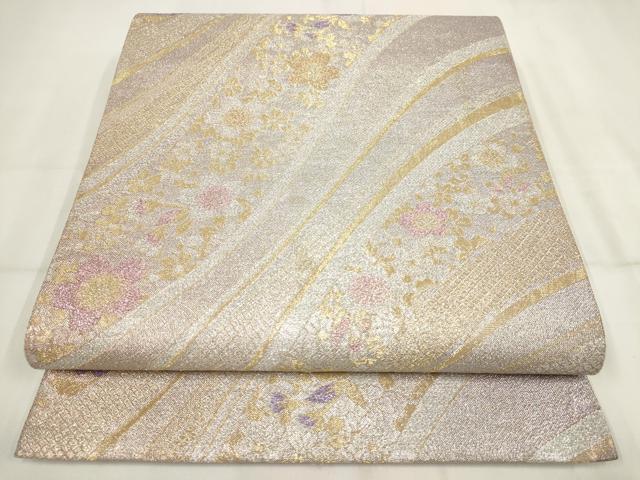 平和屋着物▼六通柄袋帯　流水花文　金銀糸　正絹　逸品　AABH7759wj