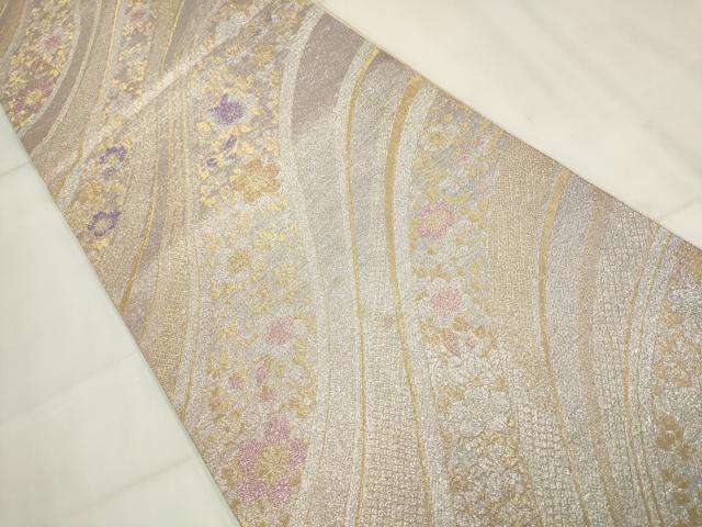 平和屋着物▼六通柄袋帯　流水花文　金銀糸　正絹　逸品　AABH7759wj