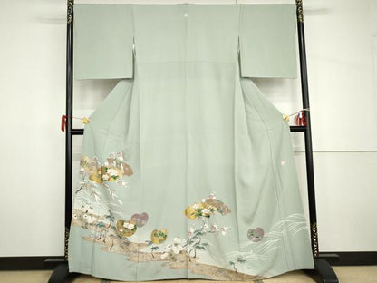 平和屋着物●豪華色留袖　友禅　作家物　駒刺繍　地紙花松文　金彩　正絹　逸品　AABH7790cs