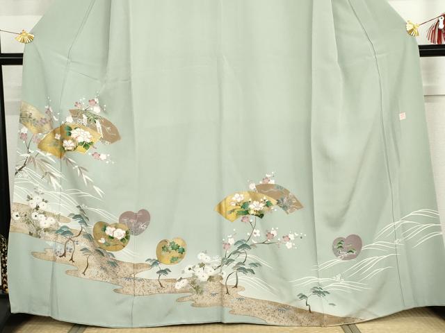 平和屋着物●豪華色留袖　友禅　作家物　駒刺繍　地紙花松文　金彩　正絹　逸品　AABH7790cs