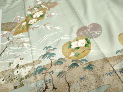 平和屋着物●豪華色留袖　友禅　作家物　駒刺繍　地紙花松文　金彩　正絹　逸品　AABH7790cs