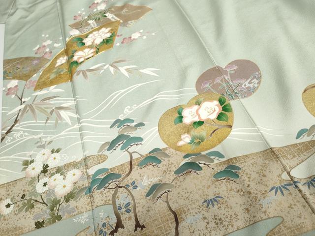 平和屋着物●豪華色留袖　友禅　作家物　駒刺繍　地紙花松文　金彩　正絹　逸品　AABH7790cs