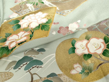 平和屋着物●豪華色留袖　友禅　作家物　駒刺繍　地紙花松文　金彩　正絹　逸品　AABH7790cs