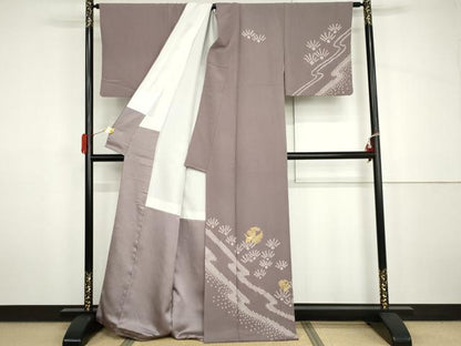 平和屋着物●訪問着　駒刺繍　絞り　飛鶴雪輪松文　金糸　正絹　逸品　AABH7791cs