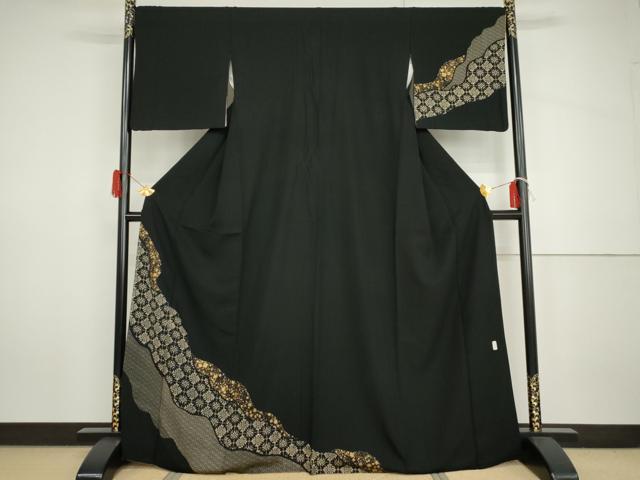 平和屋着物●訪問着　花格子　黒地　金彩　正絹　逸品　AABH7795cs