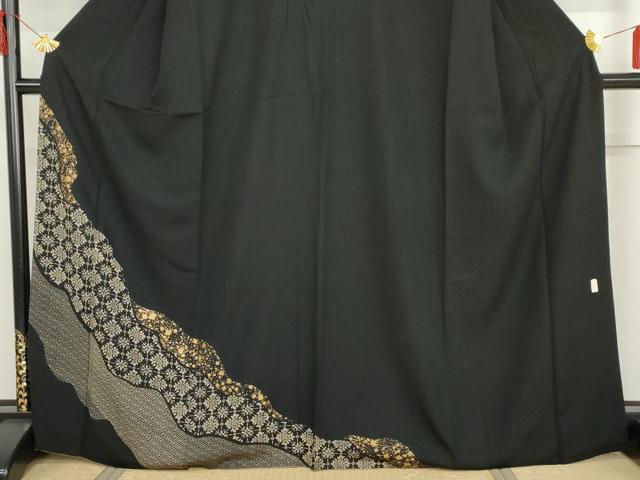 平和屋着物●訪問着　花格子　黒地　金彩　正絹　逸品　AABH7795cs