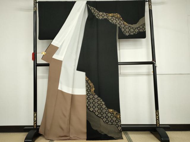平和屋着物●訪問着　花格子　黒地　金彩　正絹　逸品　AABH7795cs