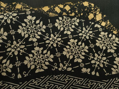 平和屋着物●訪問着　花格子　黒地　金彩　正絹　逸品　AABH7795cs