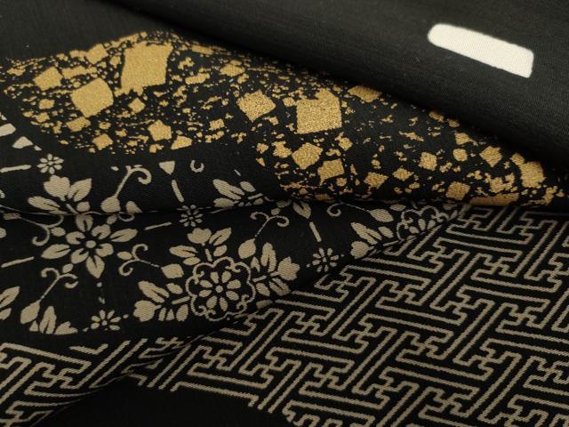平和屋着物●訪問着　花格子　黒地　金彩　正絹　逸品　AABH7795cs