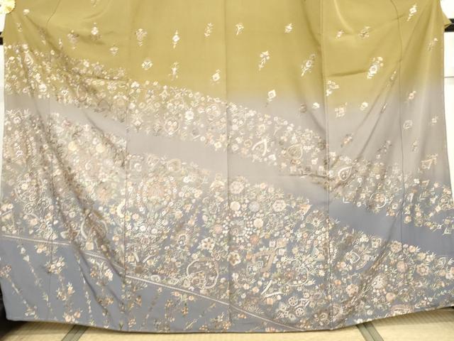 平和屋着物●訪問着　総刺繍　更紗洋花文　暈し染め　金糸　正絹　逸品　未使用　AABH7797cs