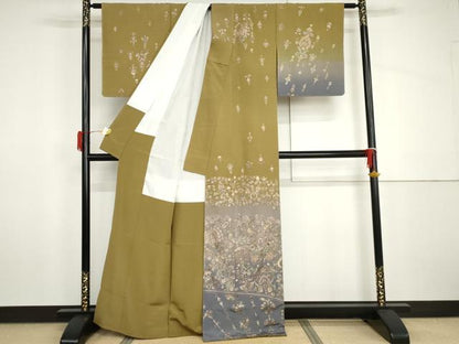 平和屋着物●訪問着　総刺繍　更紗洋花文　暈し染め　金糸　正絹　逸品　未使用　AABH7797cs