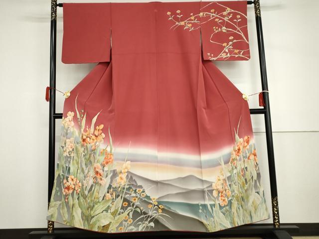 平和屋着物●手描友禅女流作家　一色生子　訪問着　手描き　風景枝花文　暈し染め　正絹　逸品　AABH7800cs
