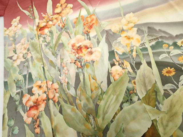 平和屋着物●手描友禅女流作家　一色生子　訪問着　手描き　風景枝花文　暈し染め　正絹　逸品　AABH7800cs