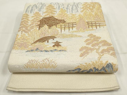 平和屋着物▼綴れ　太鼓柄袋帯　遠山風景樹林文　金銀糸　正絹　逸品　AABH7815wj