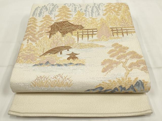 平和屋着物▼綴れ　太鼓柄袋帯　遠山風景樹林文　金銀糸　正絹　逸品　AABH7815wj