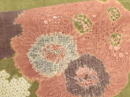 平和屋着物▼中国三大刺繍 汕頭刺繍 スワトウ刺繍 九寸名古屋帯 紬地 絞り 雪輪花文 正絹 逸品 AABH7841wj
